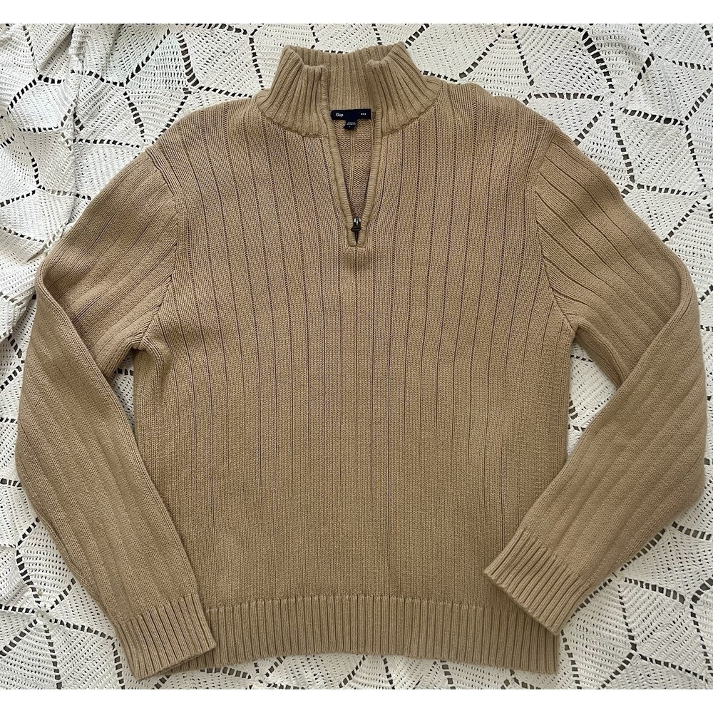 100% Cotton Vintage GAP Tan Ribbed Half Zip Sweater Mens L Warm 1/4‎ Zip Neutral